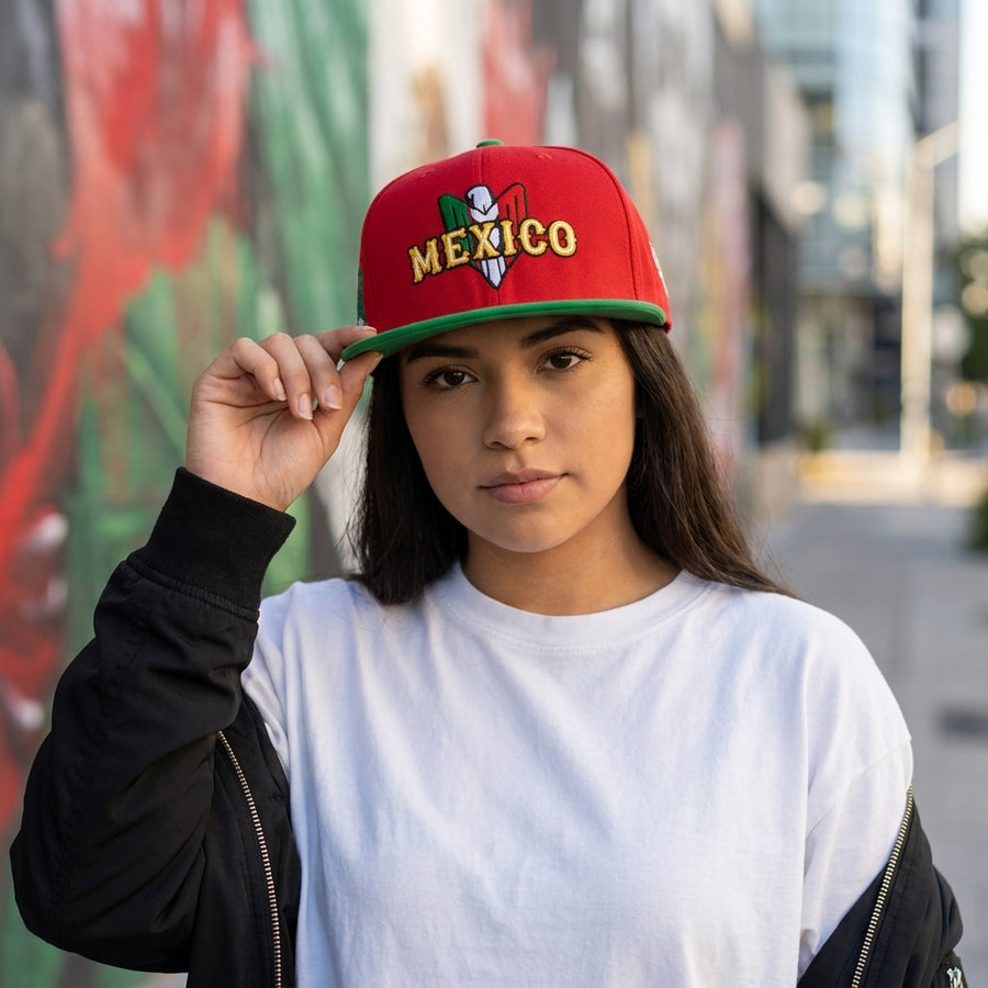 Person wearing a red cap with 'Mexico' text in an urban setting