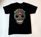 A black T-shirt with a colorful skull design featuring intricate patterns and Swarovski beans.