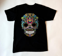 A black T-shirt with a colorful skull design featuring intricate patterns and Swarovski beans.