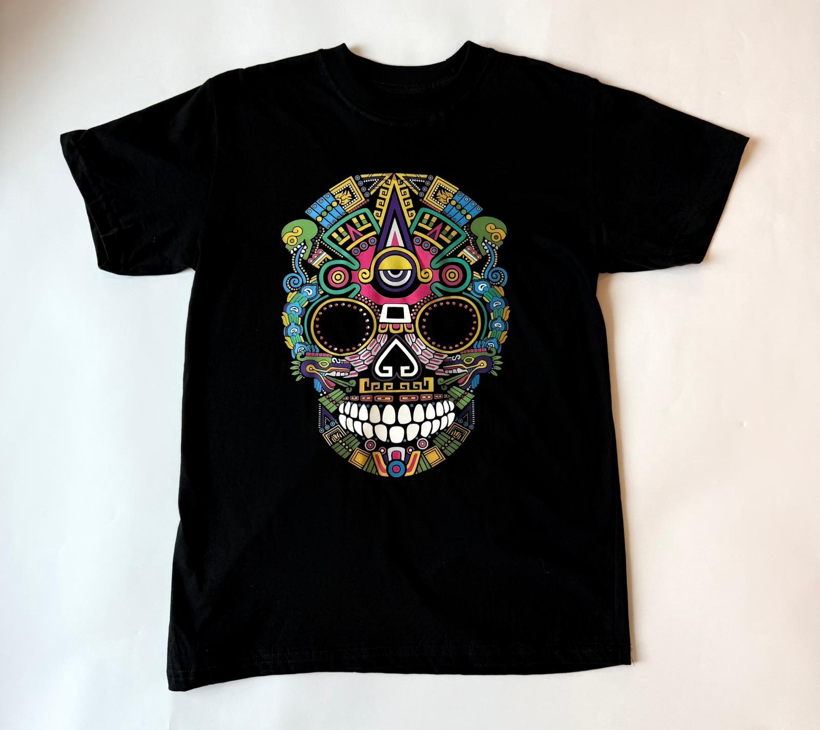 A black T-shirt with a colorful skull design featuring intricate patterns and Swarovski beans.