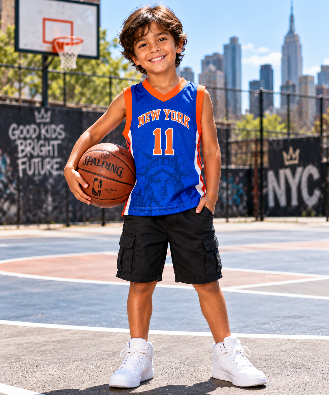 Young boy wearing the New York 11 kids basketball jersey in blue and orange with number 11, holding a basketball on an outdoor NYC court Main image
