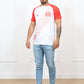 Man wearing Peru red white T-shirt with red sleeves and cultural print

