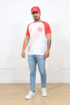 Man wearing Peru red white T-shirt with red sleeves and cultural print

