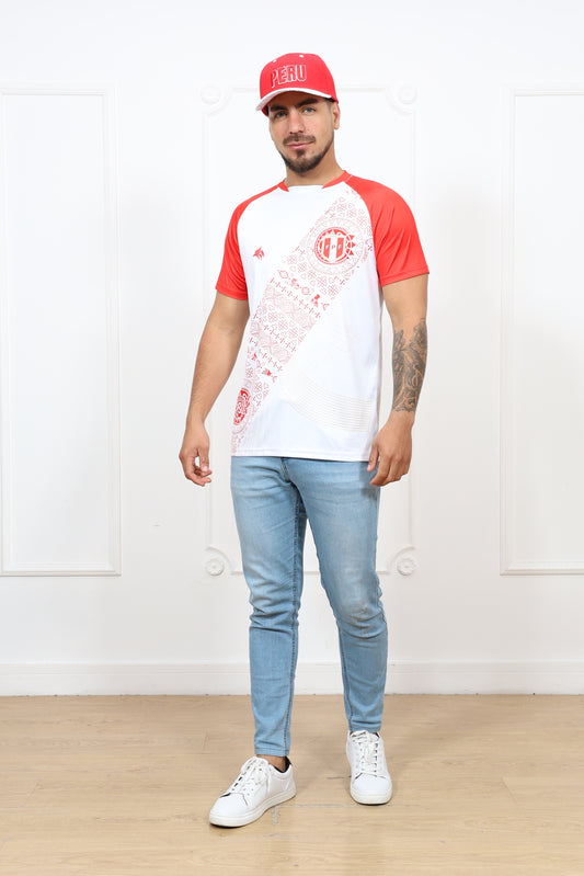 Man wearing Peru red white T-shirt with red sleeves and cultural print

