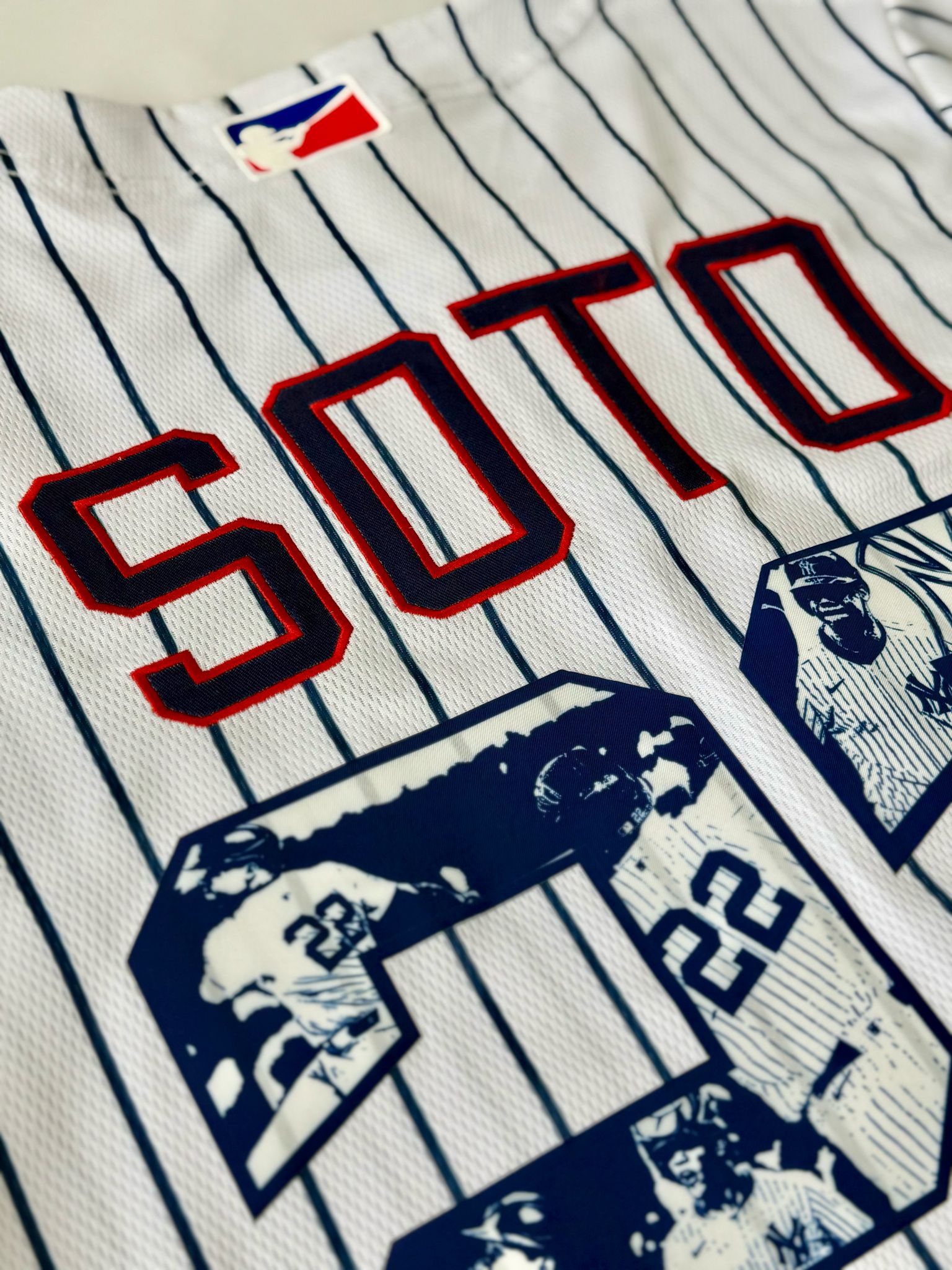 Soto 22 Baseball Jersey – New York Pinstripes with Action Collage