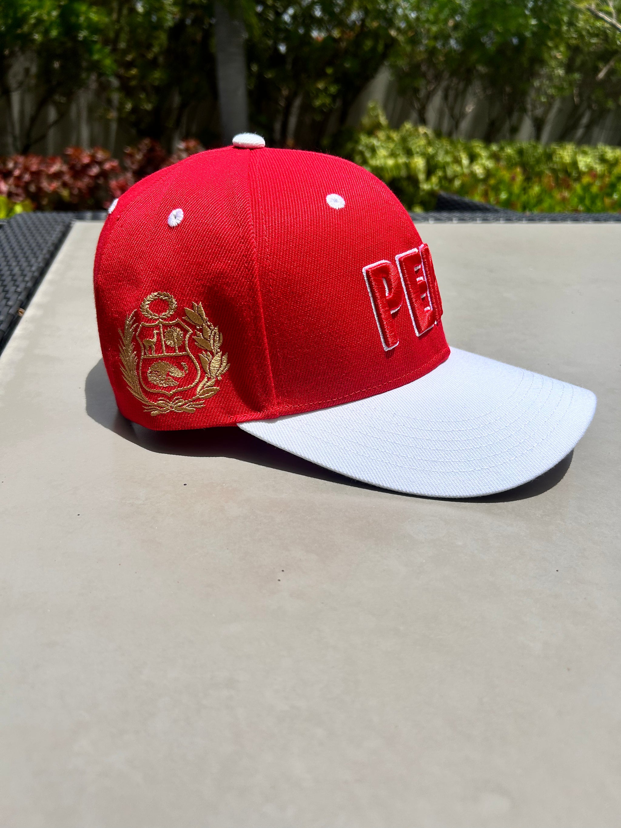 HEADZFLEX PR 3D Embroidered Flatbill Snapback Cap - Peru Baseball Cap with Nazca Signs & Coat of Arms, Red