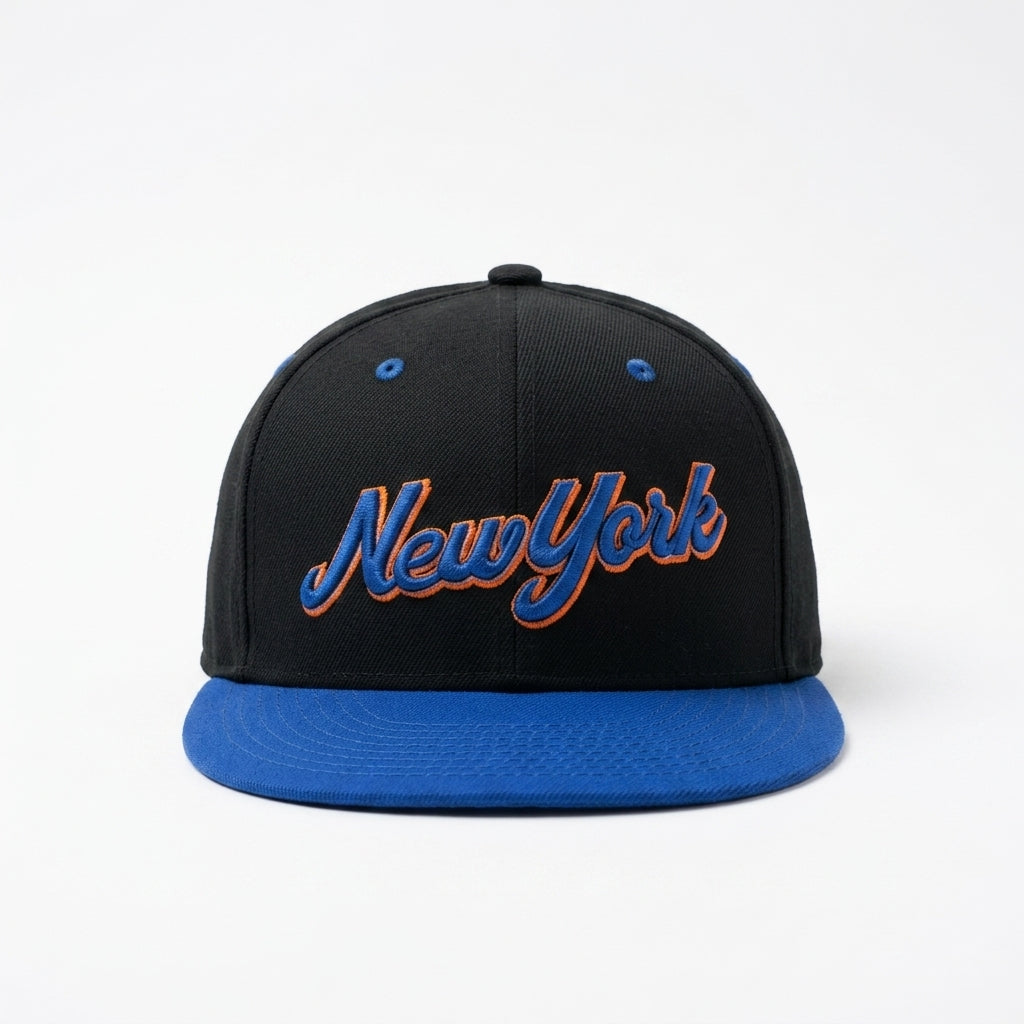 Black and blue cap with 'New York' text on a white background