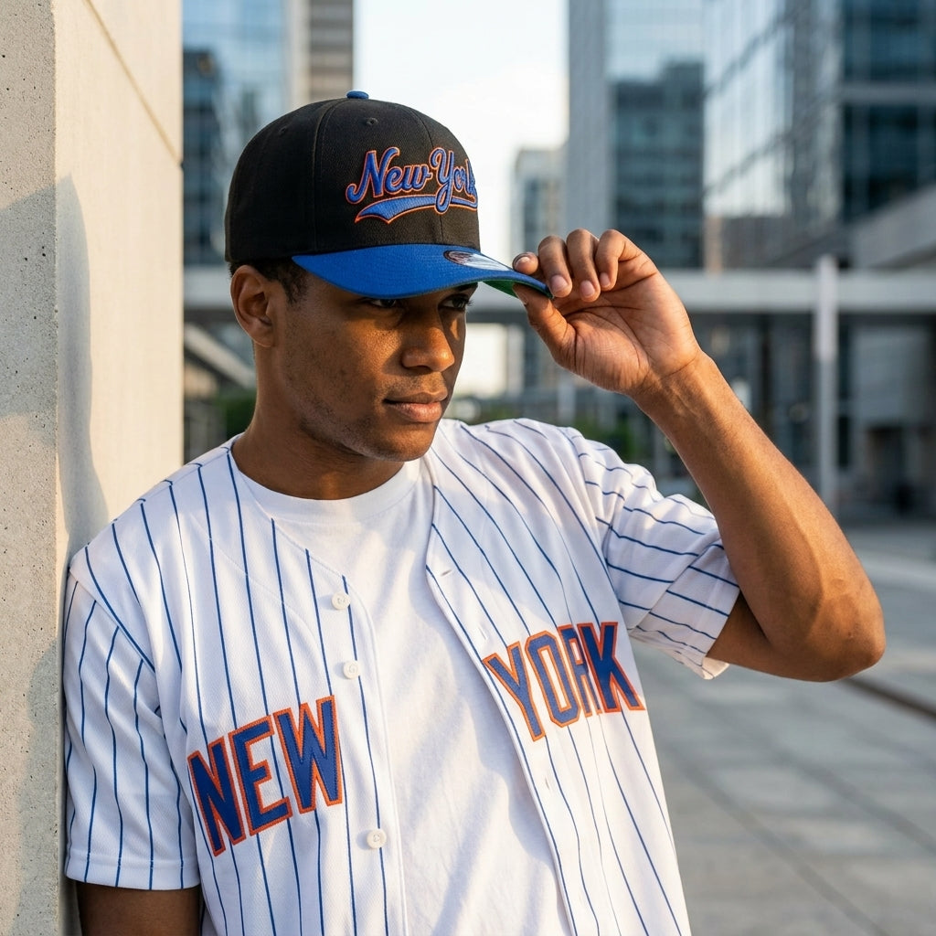 Person wearing a New York-themed baseball cap and jersey in an urban setting