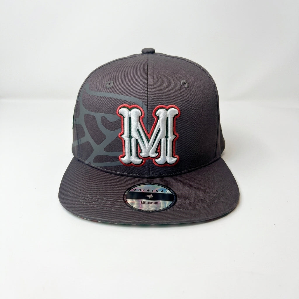 Gray cap with a red and white logo on a light gray background