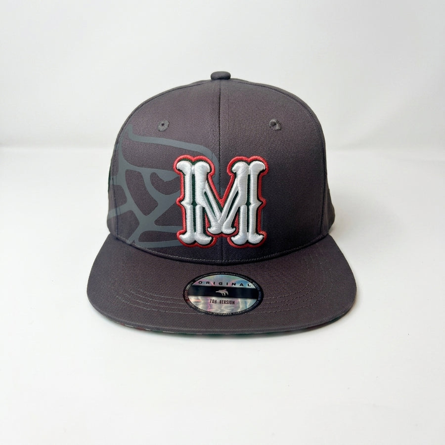 Gray cap with a red and white logo on a light gray background