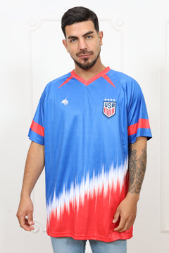 Person wearing a blue and red sports jersey with a logo on a white background