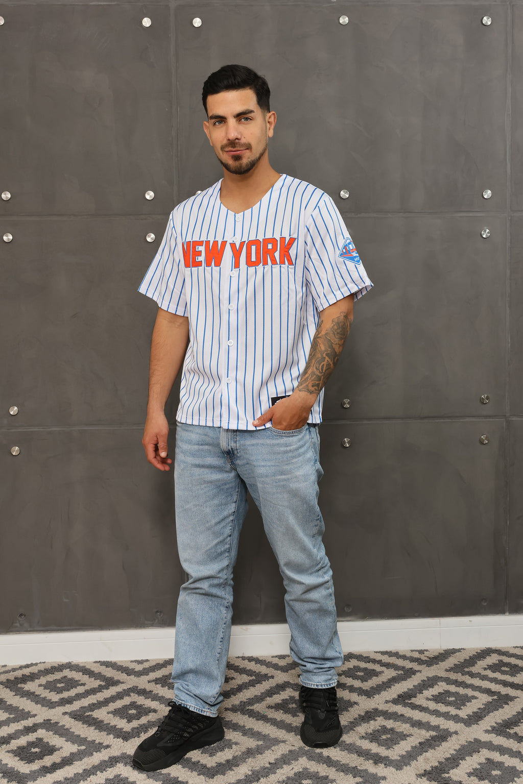 New York # 12 Baseball Jersey –Blue  White Stripe Fans Edition | Unisex