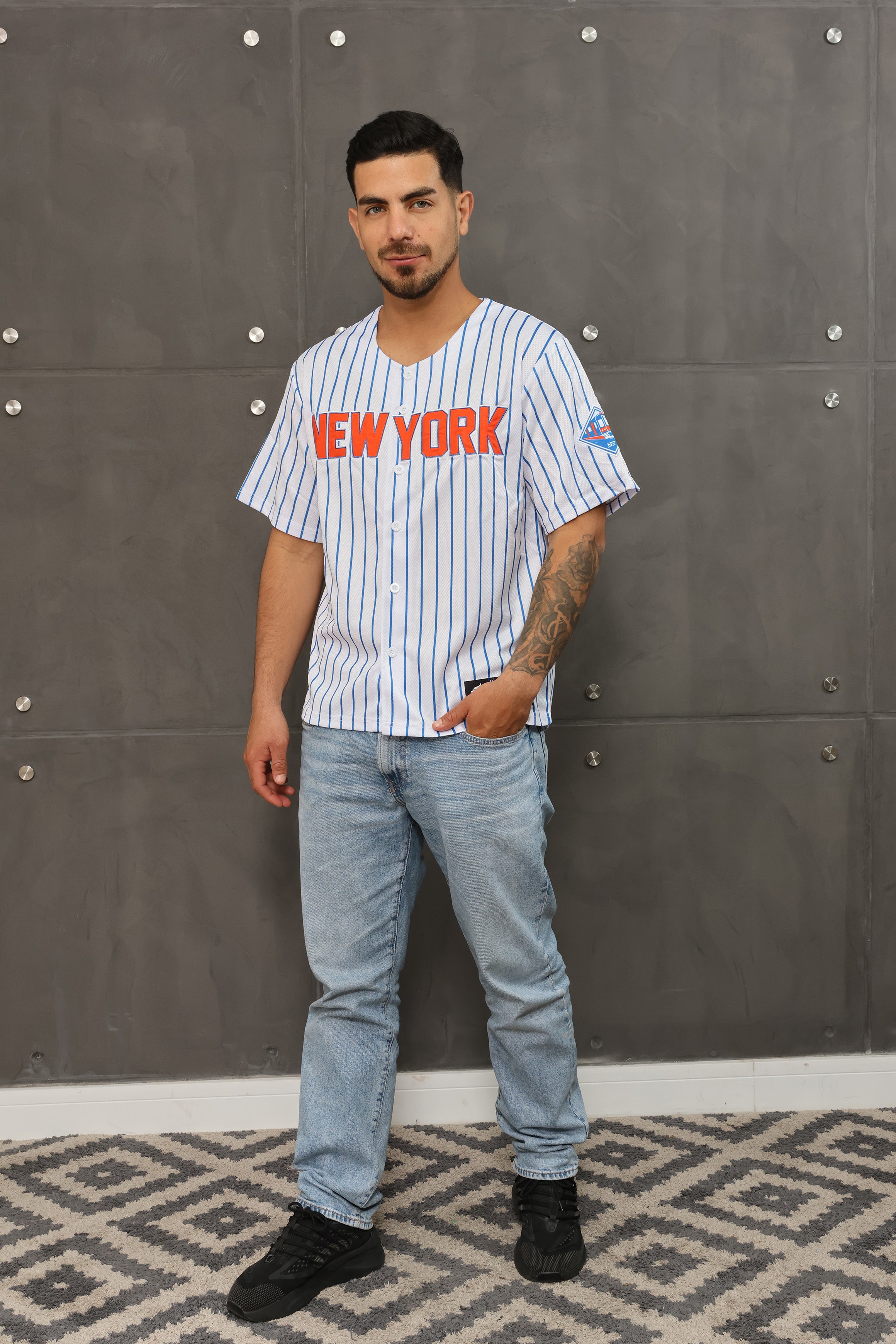 New York # 12 Baseball Jersey –Blue  White Stripe Fans Edition | Unisex
