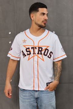 Model wearing white number 27 baseball jersey, front view