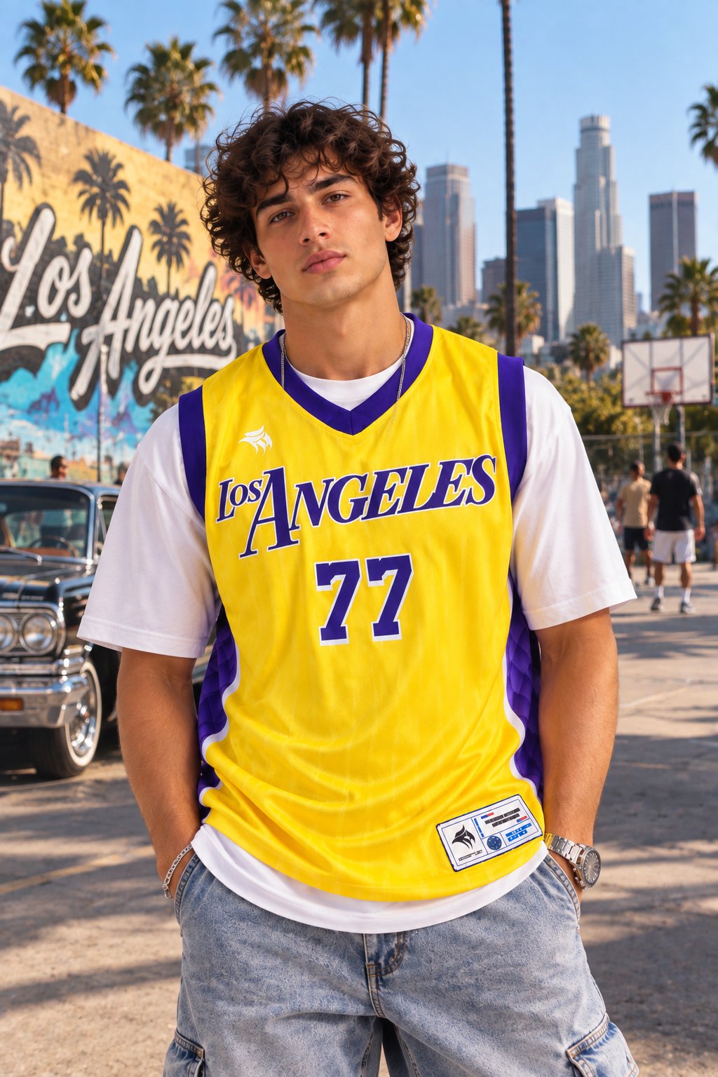 Model styling the West Coast 77 mesh basketball jersey over a white t-shirt, front view