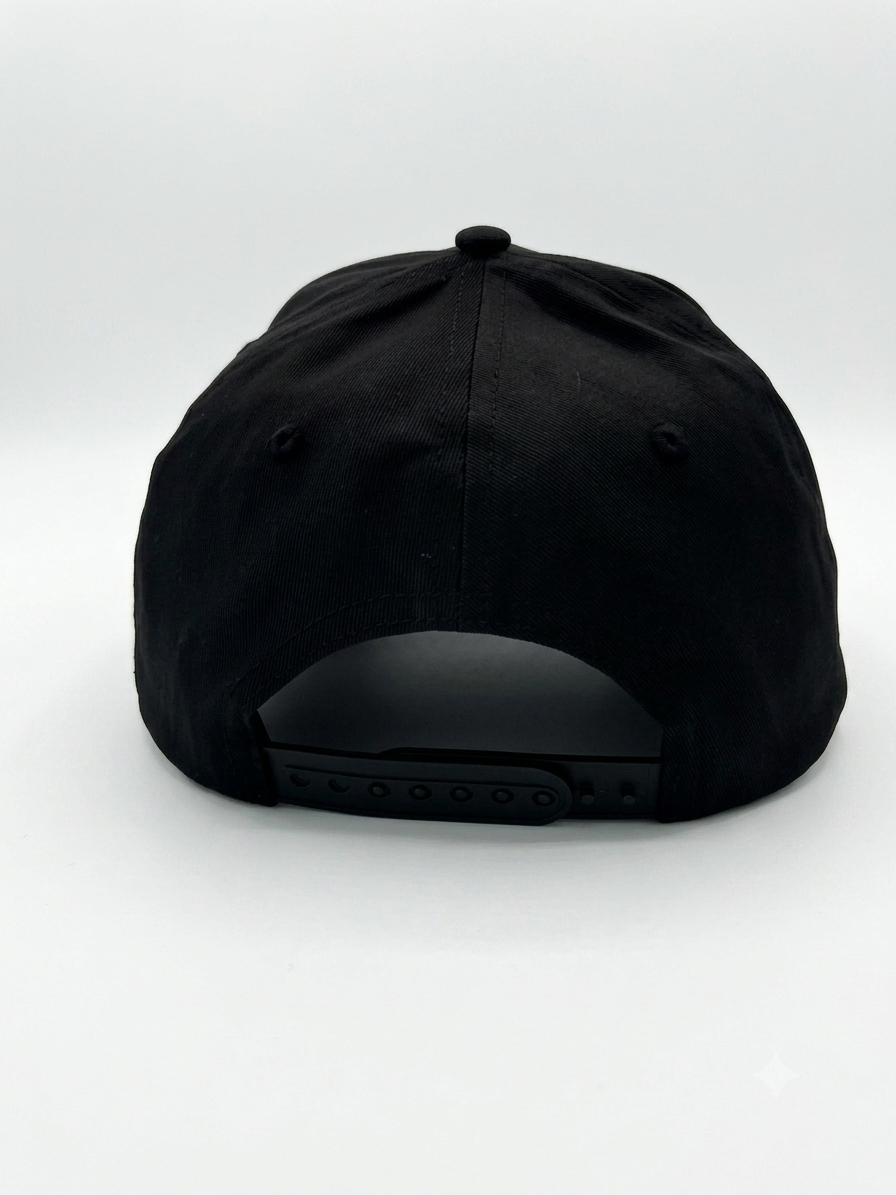 Adjustable black snapback hat with rear plastic closure, back view