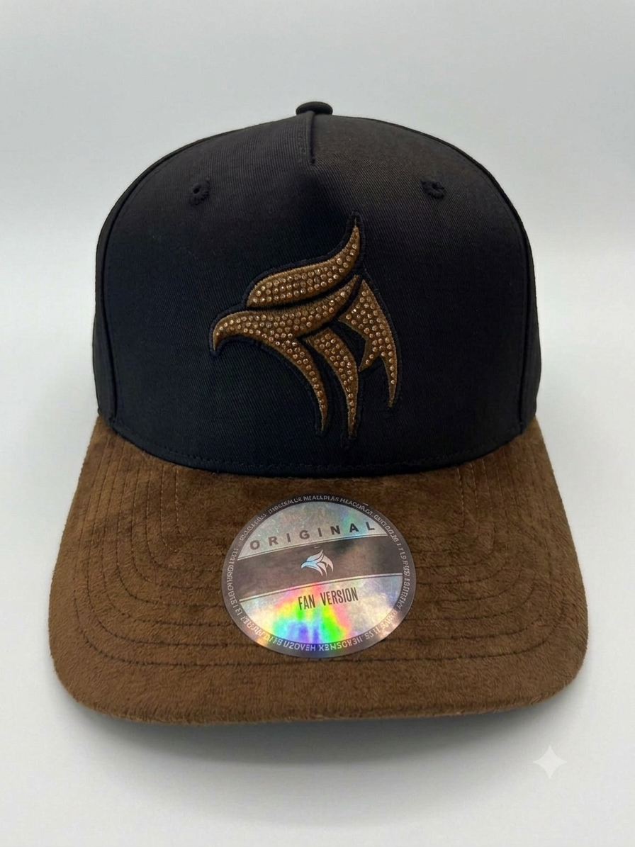 Headzflex black snapback hat with brown brim and gold-tone embellished logo, front view