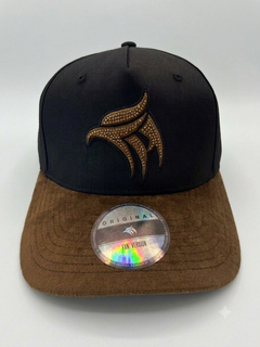 Headzflex black snapback hat with brown brim and gold-tone embellished logo, front view