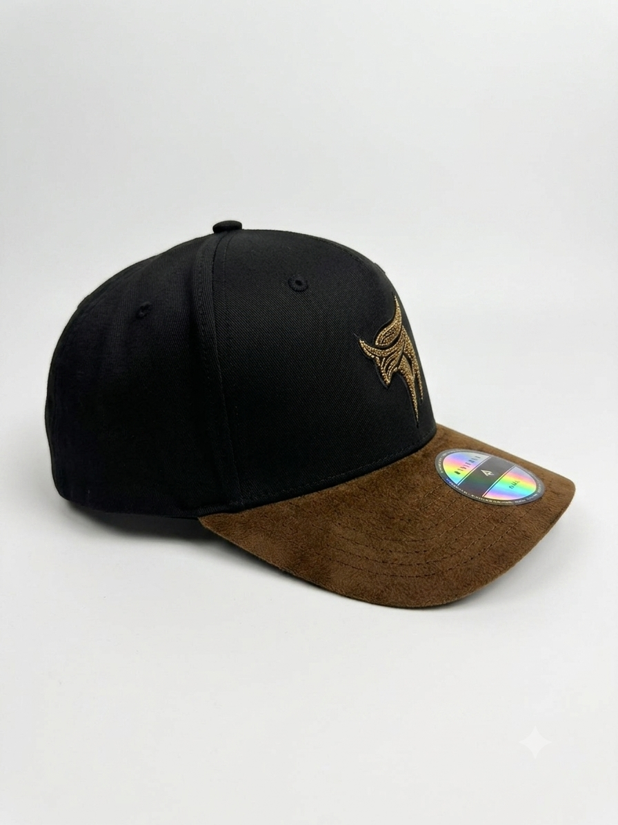 Golden Emblem black and brown snapback hat, right-side view