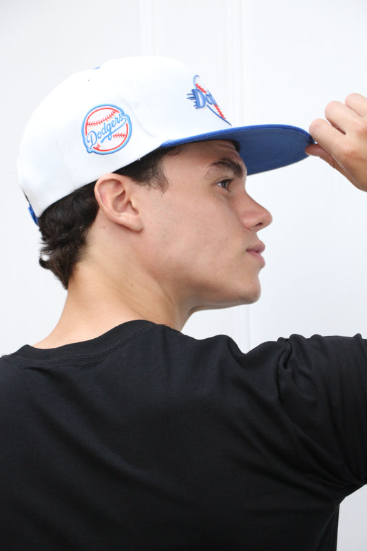 White and blue snapback with side patches