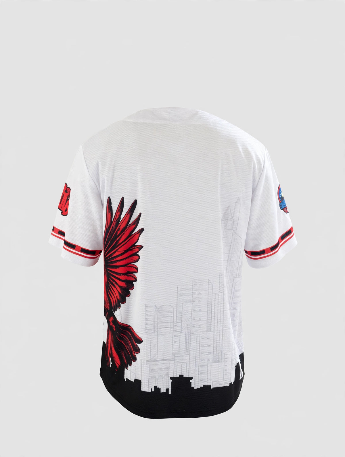 Saint Louis Riverman white embroidered baseball jersey – back studio view