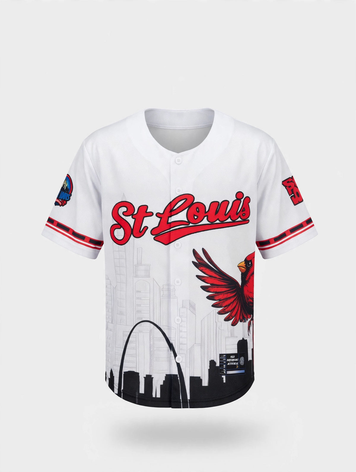 Saint Louis Riverman white embroidered baseball jersey – front studio view