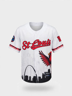 Saint Louis Riverman white embroidered baseball jersey – front studio view