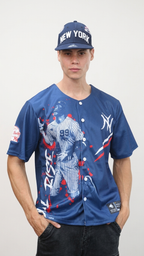 Person wearing a blue baseball jersey with a Headzflex Five Boroughs blue baseball jersey