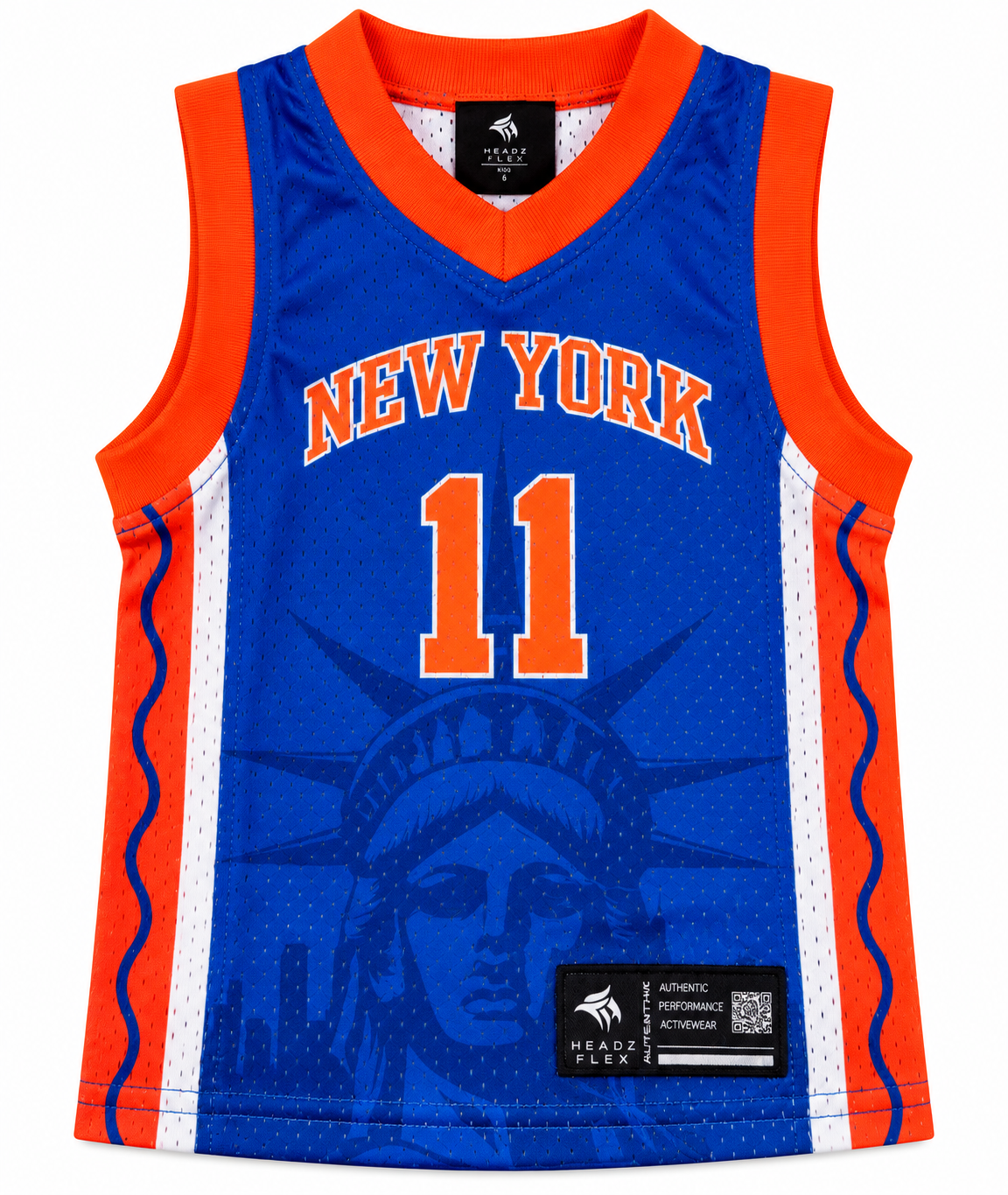 Flat lay front view of the blue New York 11 kids basketball jersey with orange NEW YORK lettering, number 11, and Statue of Liberty graphic