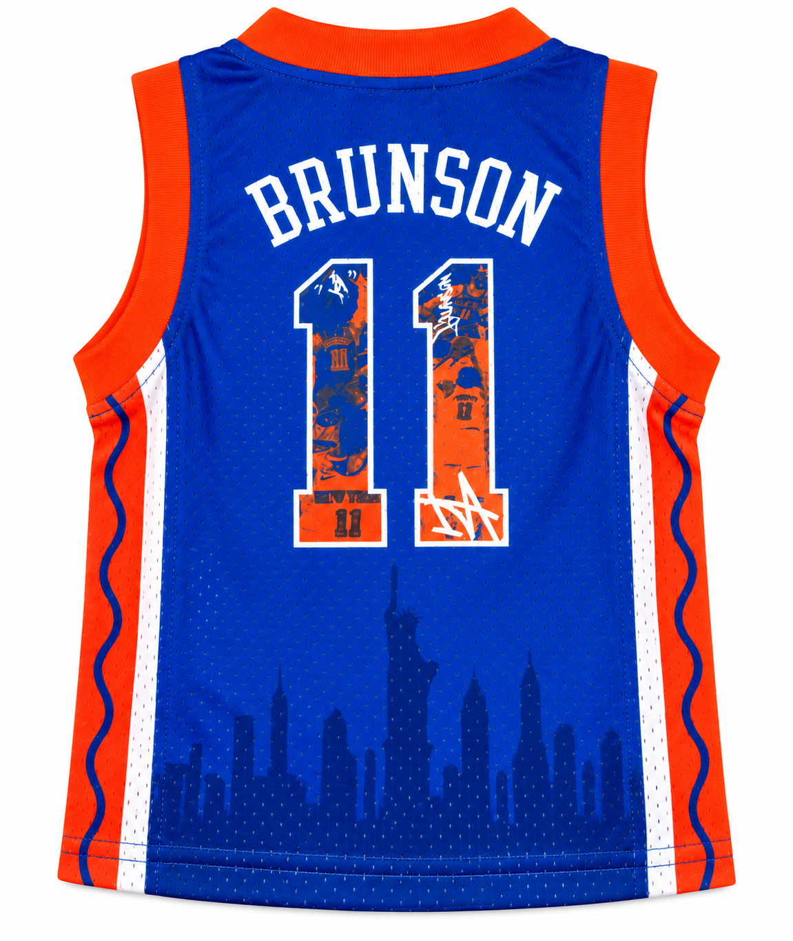 Back view of the blue New York 11 kids basketball jersey with BRUNSON lettering and number 11, orange trim, and NYC skyline silhouette