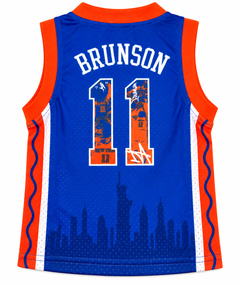 Back view of the blue New York 11 kids basketball jersey with BRUNSON lettering and number 11, orange trim, and NYC skyline silhouette