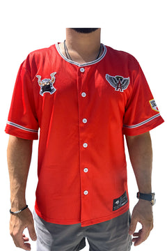 Red baseball jersey with logos on a white background