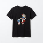 Black t-shirt with a colorful graphic of a character playing a drum on a white background