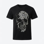 Black t-shirt with a decorative skull design on a white background