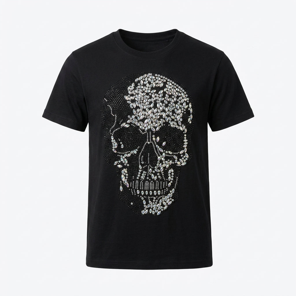 Black t-shirt with a decorative skull design on a white background