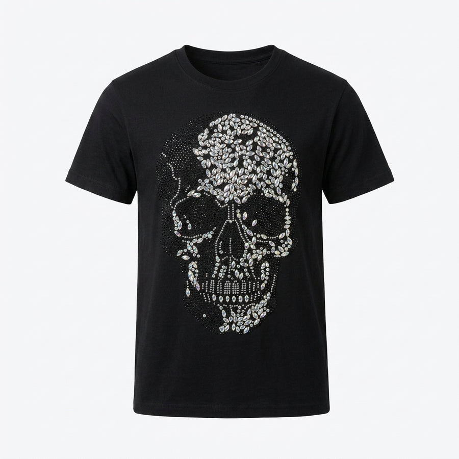 Black t-shirt with a decorative skull design on a white background