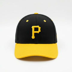 Black and yellow baseball cap with a logo on a white background