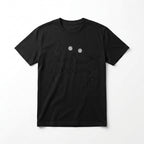 Black t-shirt with a unique design on a white background