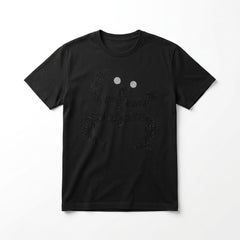 Black t-shirt with a unique design on a white background