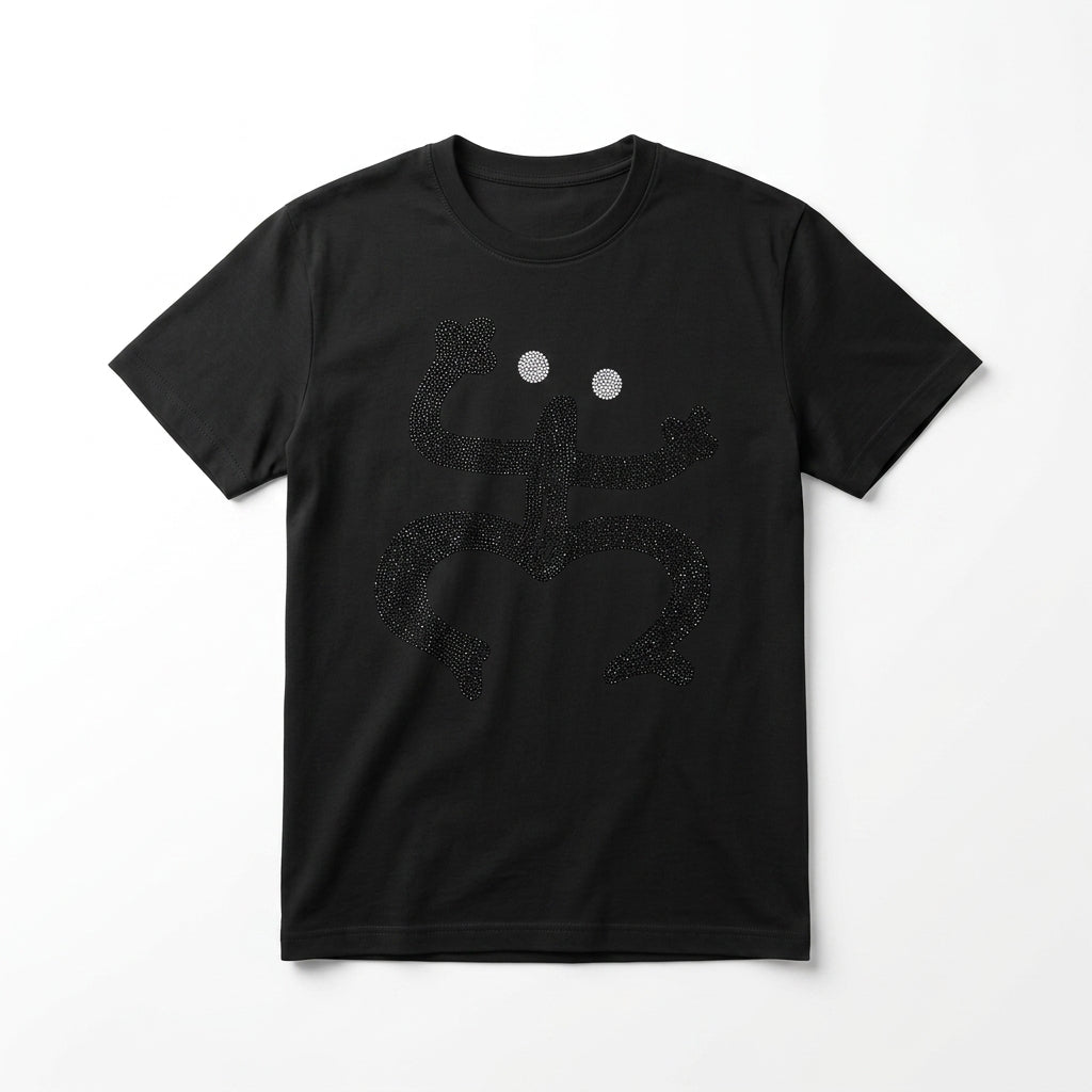 Black t-shirt with a unique design on a white background
