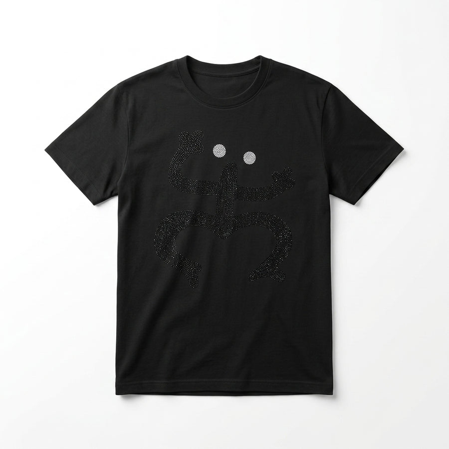 Black t-shirt with a unique design on a white background