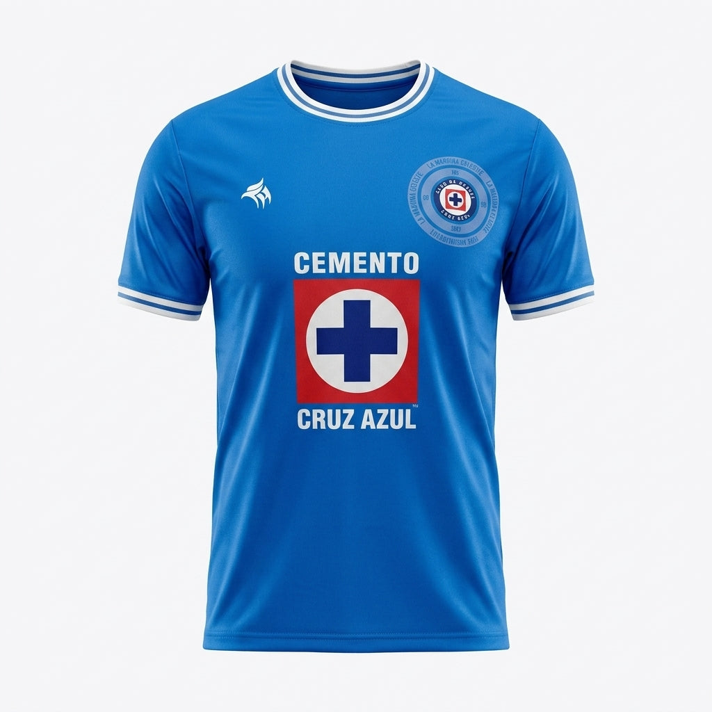 Blue sports jersey with 'Cemento Cruz Azul' text and logo on a white background