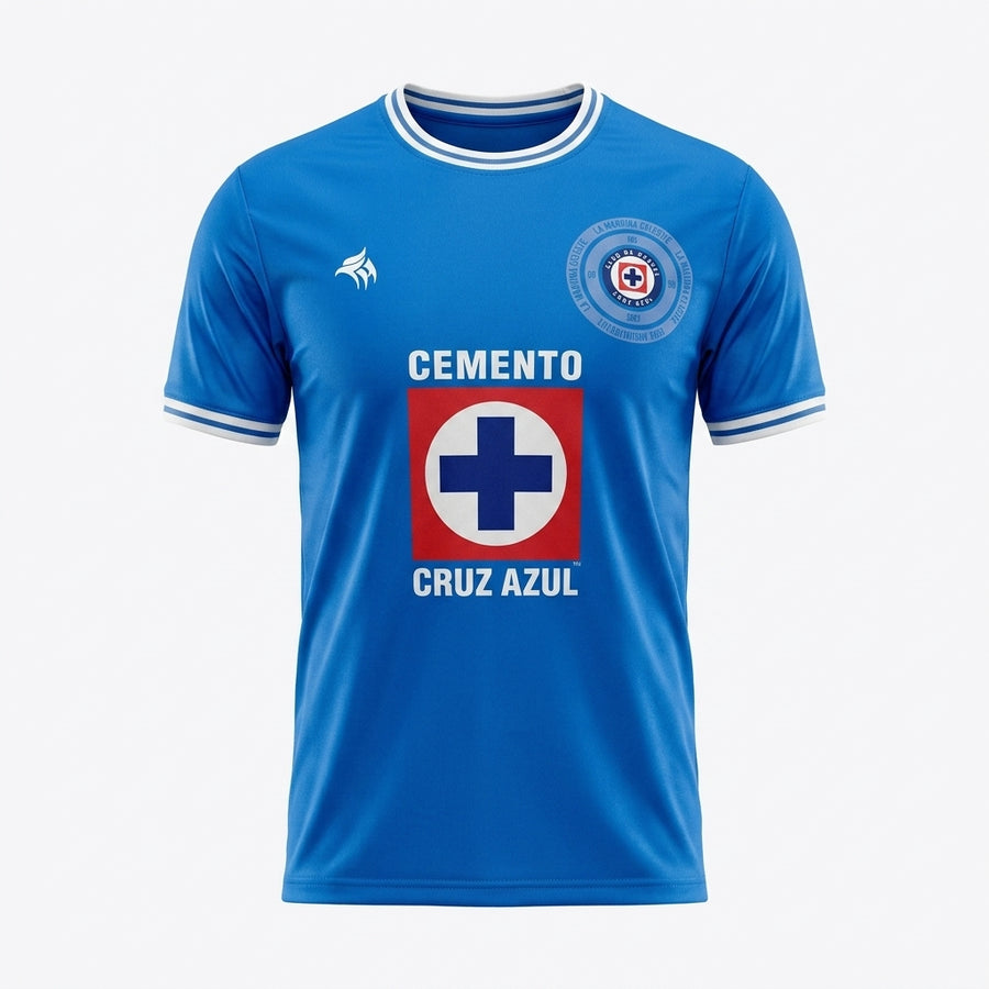 Blue sports jersey with 'Cemento Cruz Azul' text and logo on a white background