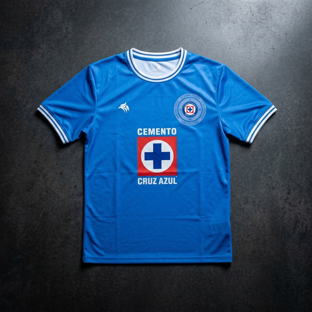 Blue sports jersey with visible branding on a dark background