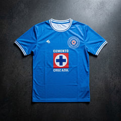 Blue sports jersey with visible branding on a dark background