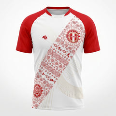 White and red sports jersey with intricate patterns and a logo on a white background