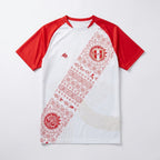 White and red sports jersey with intricate patterns on a white background