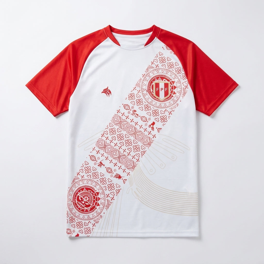 White and red sports jersey with intricate patterns on a white background