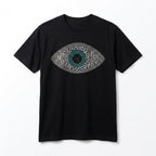 Black t-shirt with a decorative eye design on a white background