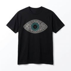Black t-shirt with a decorative eye design on a white background